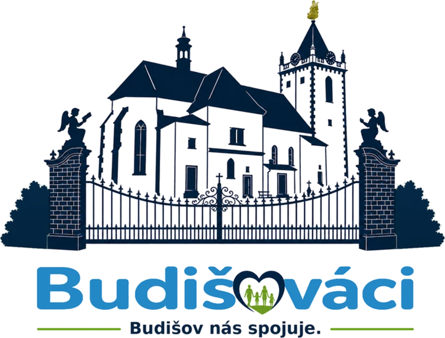 Logo Budišováci – kostel a brána v Budišově, pod nimi nápis Budišov nás spojuje